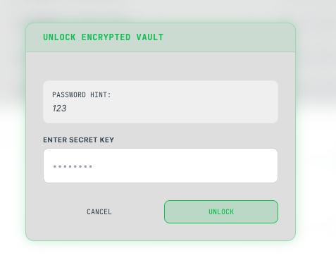 Vault Password Decryption Input Prompt View with Hint Field